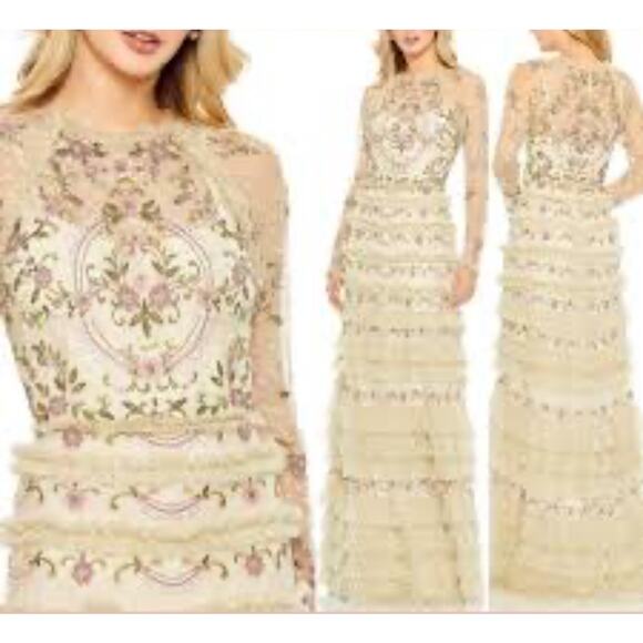 Mac Duggal Mesh Polka Dot Long Sleeve Floral Ruffle Tiered Maxi Gown 10 NWT - Picture 6 of 12